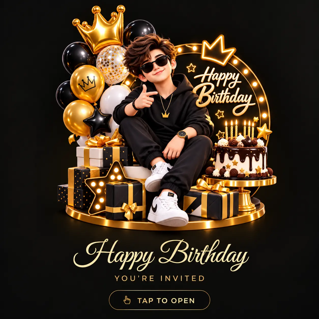 Cool King Digital Birthday Boy Invitation Card
